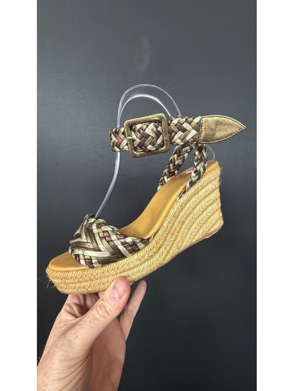 Hermes Green Bronze Woven Strap Espadrilles Size 38